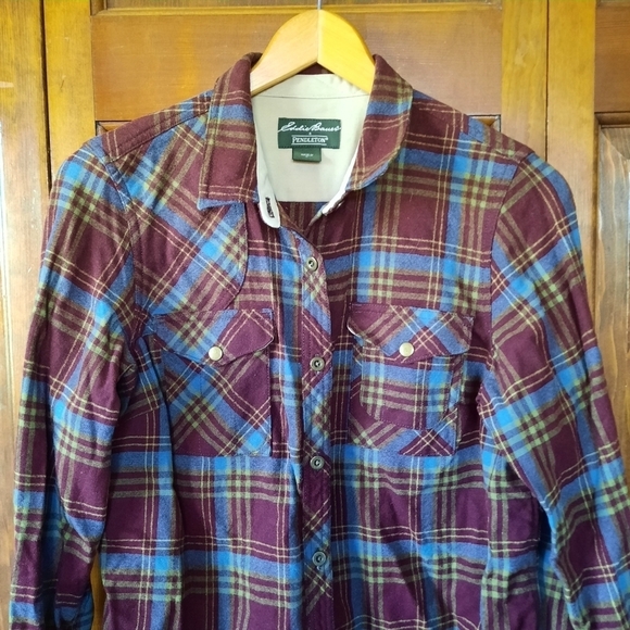 Eddie Bauer & Pendleton 100% wool burgundy plaid button down shirt - Picture 2 of 11